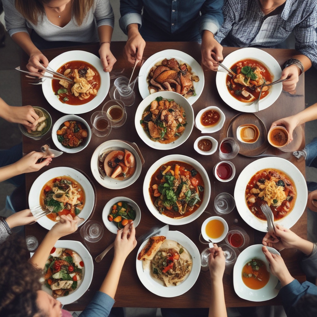 Friends enjoying a shared meal with multiple dishes on a restaurant table